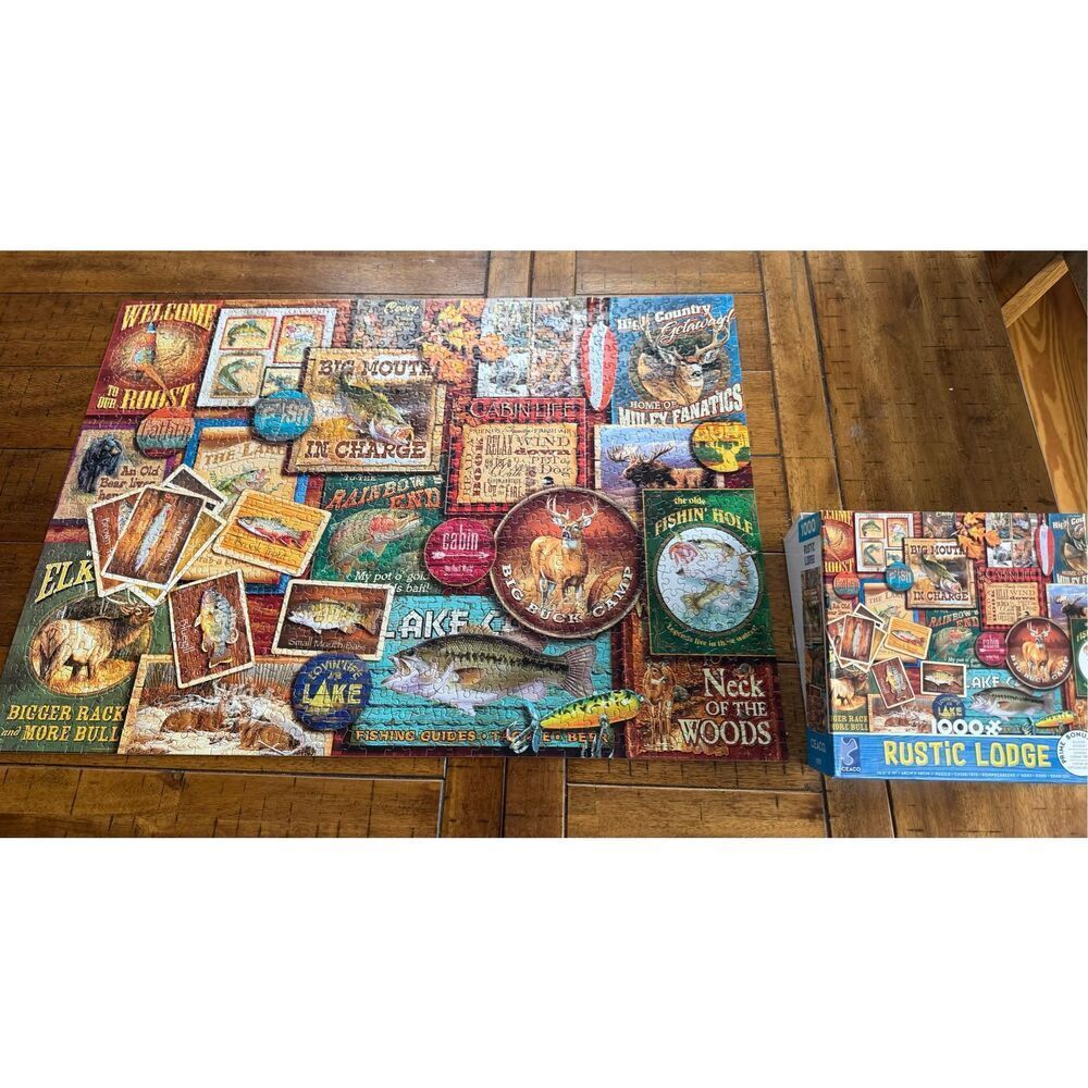 Ceaco Rustic Lodge Collage Jigsaw Puzzle 1000 Pieces COMPLETE Hunting Fishing